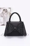 Fashnzfab Rhinestone Ribbon Top Handle Satin Flap Bag In Black