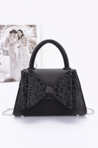 Fashnzfab Rhinestone Ribbon Top Handle Satin Flap Bag In Black