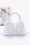 Fashnzfab Rhinestone Ribbon Top Handle Satin Flap Bag In Silver