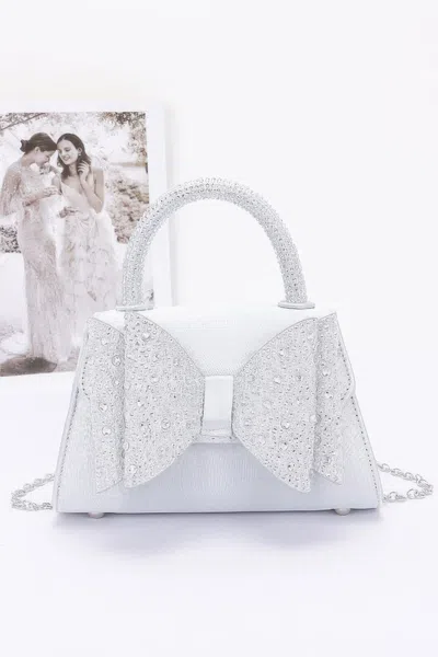 Fashnzfab Rhinestone Ribbon Top Handle Satin Flap Bag In Silver