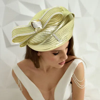Fashnzfab Rhinestone Rim Bow Church Dressy Hat In Gold