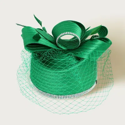 Fashnzfab Rhinestone Rim Bow Top Feather Accented Mesh Dressy Hat In Green