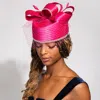 Fashnzfab Rhinestone Rim Bow Top Feather Accented Mesh Dressy Hat In Pink