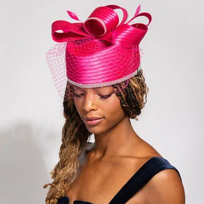 Fashnzfab Rhinestone Rim Bow Top Feather Accented Mesh Dressy Hat In Pink
