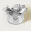 Fashnzfab Rhinestone Rim Bow Top Feather Accented Mesh Dressy Hat In Silver