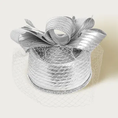 Fashnzfab Rhinestone Rim Bow Top Feather Accented Mesh Dressy Hat In Silver