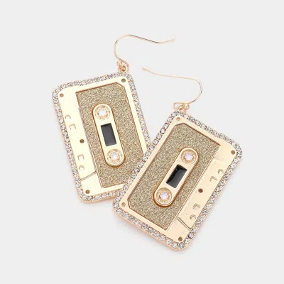 Fashnzfab Rhinestone Rim Cassette Tape Dangle Earrings In Gold