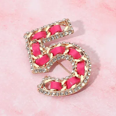 Fashnzfab Rhinestone Rim Faux Leather Threaded Number Five Pin Brooch In Gold