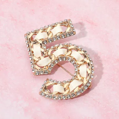 Fashnzfab Rhinestone Rim Faux Leather Threaded Number Five Pin Brooch In Gold