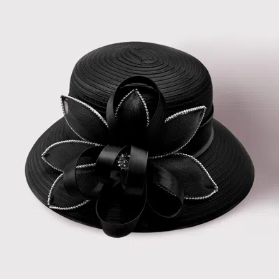 Fashnzfab Rhinestone Rim Flower Bow Dressy Hat In Black