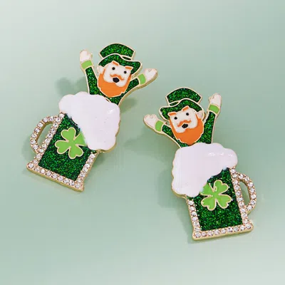 Fashnzfab Rhinestone Rim Leprechaun Beer Mug Earrings In Gold