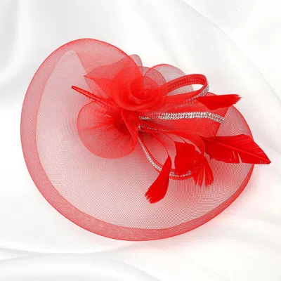 Fashnzfab Rhinestone Rim Mesh Bow Flower Feather Pointed Fascinator / Headband In Red