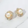 Fashnzfab Rhinestone Rim Pearl Stud Earrings - Cream, Gold In Gold
