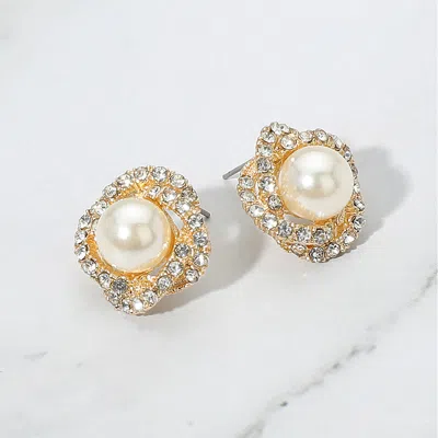 Fashnzfab Rhinestone Rim Pearl Stud Earrings - Cream, Gold