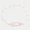 Fashnzfab Rhinestone Safety Pin Accented Freshwater Pearl Stretch Bracelet Rose Gold In White
