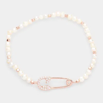 Fashnzfab Rhinestone Safety Pin Accented Freshwater Pearl Stretch Bracelet Rose Gold In White