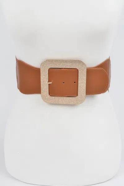 Fashnzfab Rhinestone Square Buckle Plus Size Elastic Belt In Brown