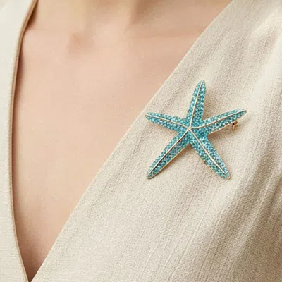 Fashnzfab Rhinestone Starfish Pin Brooch In Blue
