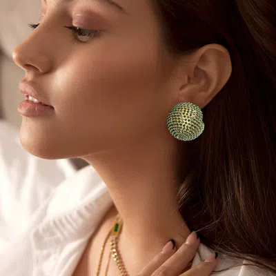 Fashnzfab Rhinestone Studded Ball Earrings - Emerald, Gold