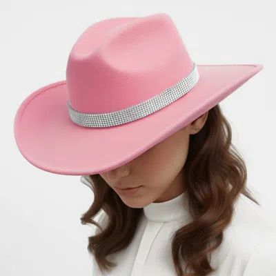 Fashnzfab Rhinestone Studded Band Western Cowboy Fedora Hat In Pink