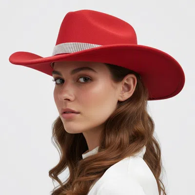 Fashnzfab Rhinestone Studded Band Western Cowboy Fedora Hat In Red