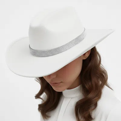 Fashnzfab Rhinestone Studded Band Western Cowboy Fedora Hat In White