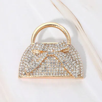 Fashnzfab Rhinestone Studded Bow Accent Mini Handbag Pin Brooch In Gold