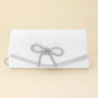 Fashnzfab Rhinestone Studded Bow Accent Pleated Evening Crossbody Clutch Bag In White