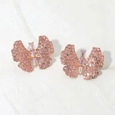 Fashnzfab Rhinestone Studded Butterfly Statement Earrings In Pink