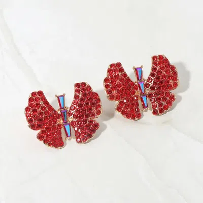 Fashnzfab Rhinestone Studded Butterfly Statement Earrings In Red