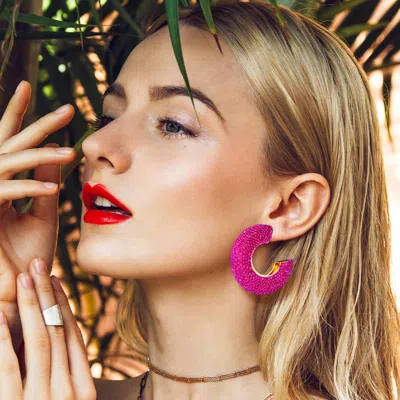 Fashnzfab Rhinestone Studded Evening Hoop Earrings - Fuchsia, Gold In Pink