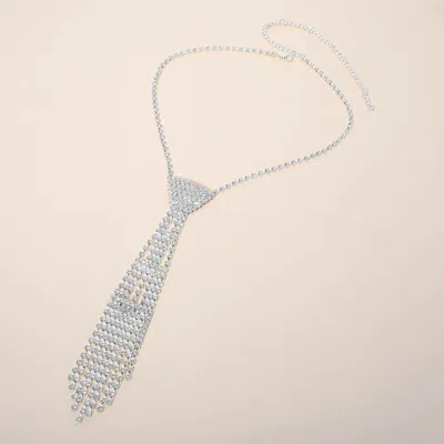 Fashnzfab Rhinestone Studded Fringe Neck Tie Necklace In Metallic