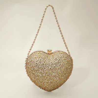 Fashnzfab Rhinestone Studded Heart Shaped Evening Clutch Crossbody Bag In Gold
