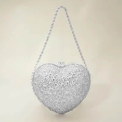 Fashnzfab Rhinestone Studded Heart Shaped Evening Clutch Crossbody Bag In Silver