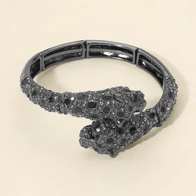 Fashnzfab Rhinestone Studded Leopard Head Tip Adjustable Bangle Bracelet In Black