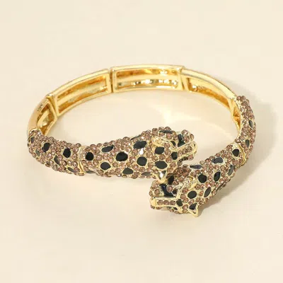 Fashnzfab Rhinestone Studded Leopard Head Tip Adjustable Bangle Bracelet In Black