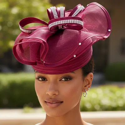 Fashnzfab Rhinestone Studded Mesh Bow Accent Fascinator Dressy Hat In Burgundy