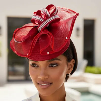 Fashnzfab Rhinestone Studded Mesh Bow Accent Fascinator Dressy Hat In Red