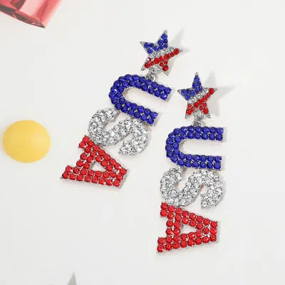 Fashnzfab Rhinestone Studded Patriotic Usa Letter Drop Earrings In Multi