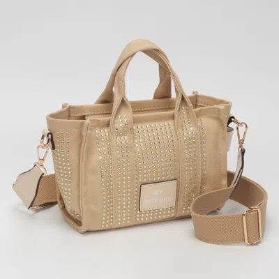 Fashnzfab Rhinestone Studded Small Top Handle Crossbody Bag In Sand