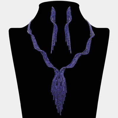 Fashnzfab Rhinestone Studded Statement Fringe Evening Choker Necklace In Blue