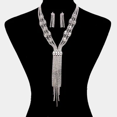 Fashnzfab Rhinestone Trim Crystal Oval Fringe Necklace In Metallic