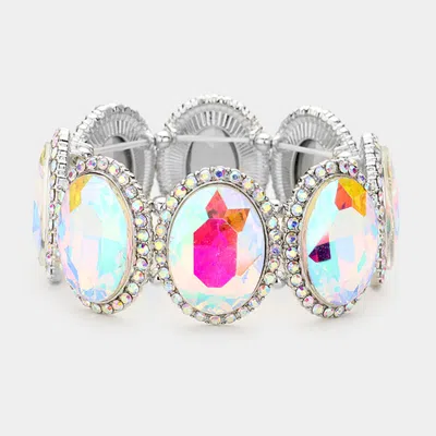 Fashnzfab Rhinestone Trim Oval Crystal Stretch Evening Bracelet Ab, Silver In Pink