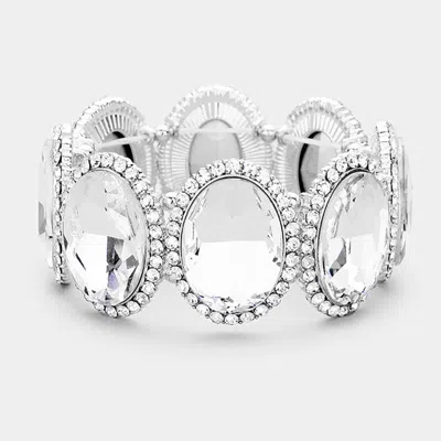 Fashnzfab Pave Oval Trim Glass Crystal Stretch Evening Bracelet In Silver