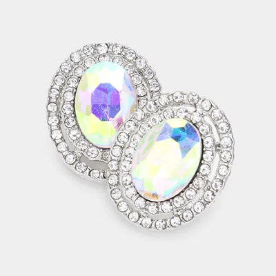 Fashnzfab Rhinestone Trim Oval Stone Stud Evening Earrings - Ab, Silver