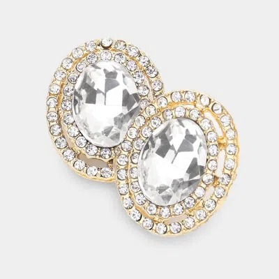 Fashnzfab Rhinestone Trim Oval Stone Stud Evening Earrings - Gold