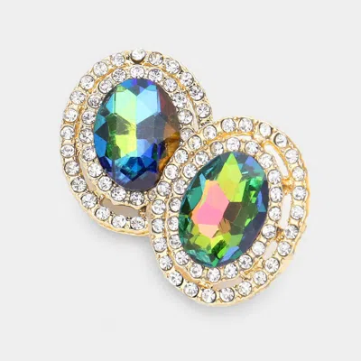 Fashnzfab Rhinestone Trim Oval Stone Stud Evening Earrings - Vitrail Medium In Multi