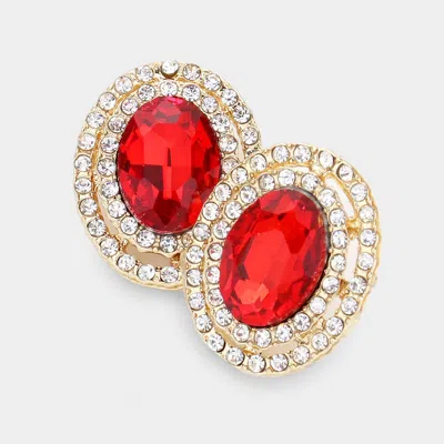 Fashnzfab Rhinestone Trim Oval Stone Stud Evening Earrings In Red