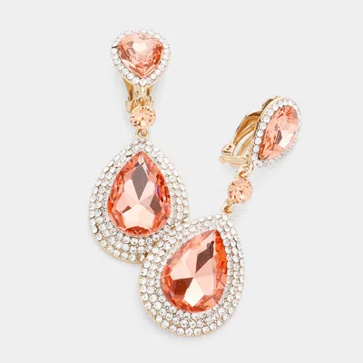 Fashnzfab Rhinestone Trim Teardrop Clip On Evening Earrings - Peach In Multi
