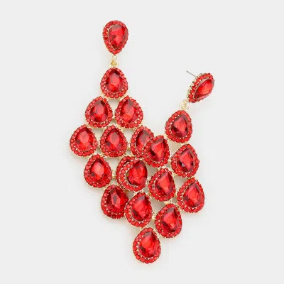 Fashnzfab Rhinestone Trim Teardrop Cluster Vine Evening Earrings - Gold, Siam In Red